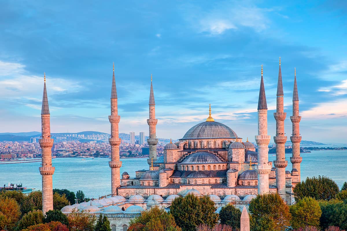 Exterior view of the Blue Mosque with The Marmara Sea behind